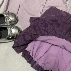LIZAKOSHT - Lolita Sweet Skirt Set Women Purple Patchwork Long Sleeve Cardigan Layered High Waisted Pretty Style Mini Lace Skirt