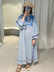 LIZAKOSHT  -  Chic Embroidered Patchwork Maxi Dress Women Stylish O-neck Striped Lantern Sleeves Long Dresses Female Summer Casual Ladies Robe