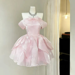 LIZAKOSHT - Sweet Girl A-Line Off Shoulder Bow Organza Homecoming Dress Lace Up Back Pink Short Puffy Cocktail Dress Party Mini Gown