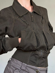 LIZAKOSHT  -  Vintage Cropped Jackets for Women Harajuku Slim Fit Lapel Zipper Coat Y2K Streetwear Long Sleeve Autumn Outerwear New