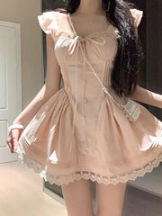 LIZAKOSHT - Women's Design-sensual Straps Lace Spliced little Flying Sleeves Princess Pure and Sweet Waist-hugging Slim Dress
