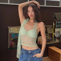 LIZAKOSHT - Sexy Halter Lace See Through Crop Top for Women Summer Backless Party Street Tank Low Cut Tops Y2K Fashion Basic T-Shirts Vest