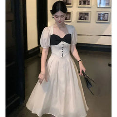 LIZAKOSHT  -  Vintage Elegant Princess Style Dresses Women Square Collar Puff Sleeve Evening Party Bow Dresses Korea Sweet One-Piece Dress New