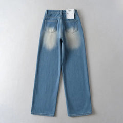 LIZAKOSHT - Women Loose Denim Pants Full Length Winter Trousers American Retro Gradient Washing Knee Straight Wide Leg Jeans With Fleece