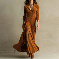 LIZAKOSHT - Spring Fall Casual Women Suit Collar Velvet Long Dress New Slim Elegant Office Lady Fashion Solid Velour Dresses