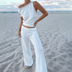 LIZAKOSHT - Summer Knitted Beach Sexy Two Piece Sets White Casual Lace Up Backless Outfit Sexy Slant Neck Sleeveless Top with Long Pants Set