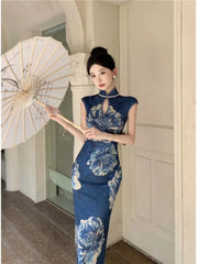 LIZAKOSHT - Retro Fashion Pearl Women's Skirt Slim Fit Printed High Quality Slimming Dress Korean Style Stand Collar Wrap around