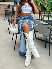 LIZAKOSHT - Ripped Denim Long Skirt American Vintage Women Loose High Waist Straight Split Maxi Skirts Fashion femme Streetwear