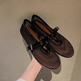 LIZAKOSHT - Summer Fashion Designer Rhinestones Round Toe Mary Janes Women Flat Mesh Sandals Buckle Strap Comfortable Outdoor Dress Shoes