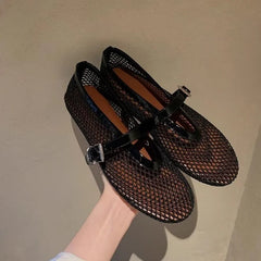 LIZAKOSHT  -  Summer Fashion Designer Rhinestones Round Toe Mary Janes Women Flat Mesh Sandals Buckle Strap Comfortable Outdoor Dress Shoes
