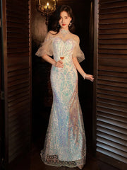 LIZAKOSHT - Mermaid Sequin Celebrity Dresses Bling Bling Latern Sleeve Beading Luxury Women Zipper Party Sexy Long Wedding Prom Gowns New