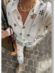 LIZAKOSHT  -  Holiday Embroidery Floral Shirts Women Blouses Suit Tops Two Piece Sets with Button Summer Vintage Elegant Woman Pant Suit