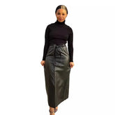 LIZAKOSHT - New Women's Autumn and Winter Mid Length Skirt, Black PU Leather Bag Hip Skirt, Button Slit Half Body Leather Skirt with Belt