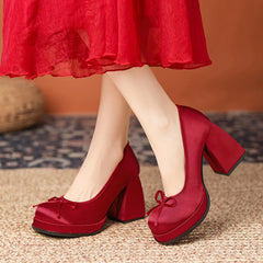 LIZAKOSHT  -  Satin Brand Designer Mary Jane Shoes Women Square Heel Ballet Shoes Shallow Bow Fashion Dress Elegant Platform High Heels Women
