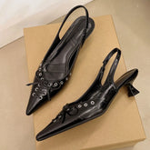 LIZAKOSHT - Size 42 Vintage y2k Flowers Black Pointy Toe Slingback Pumps Cross-strap Summer 5cm Kitten Heels White Lady Shoes Women