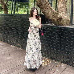 LIZAKOSHT  -  Temperament Female Dress Womens New Fashion Sexy Sleevess Long Skirt Elegant Summer Ink Butterfly Floral Camisole Dresses