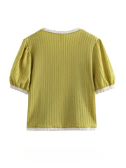 LIZAKOSHT - Sweet Girl French Embroidery V-neck Short-sleeved Shirts Women's Spliced Lace Edged Casual Slimming Age-reducing Blouse Tops