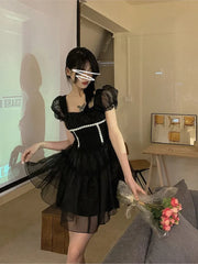 LIZAKOSHT - Women Square Collar Patchwork Mesh Dress Puff Sleeve Plain High Waist Pullover Mini Dresses Female Summerblack party dress