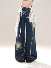 LIZAKOSHT - Jeans Raw Edge Star Patch Design High Waist American Retro Vibe Women'S Summer New Loose Slimming Wide Leg Trousers