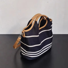 LIZAKOSHT - Retro Blue Stripe Handbag Women Color Block Large Capacity Shoulder Bags Ladies Fashion Casual Versatile Commute Crossbody Bags