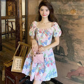 LIZAKOSHT - Vestidos Mujer Print Floral Puff Sleeve Spring Summer Mini Dresses Sweet Vintage Korean Fashion Elegant Woman Dress