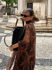 LIZAKOSHT - Fashion Boho Floral Print Maxi Dress For Women Elegant V-neck Long Sleeve A-line Dress With Scarf Lady Spring Chic Robes