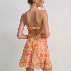 LIZAKOSHT - One Shoulder Mini Ruffles Dress Elegant Summer Floral Print Tie-up Party Dress Simple Women Backless Beach Dress New Sweet