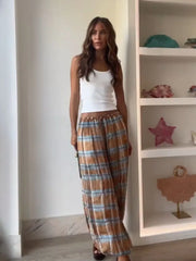 LIZAKOSHT - Women Autumn New Ramie Bloomers Plaid Printed Loose Pants Female Fashion Versatile Drawstring Streetwear Casual Trousers