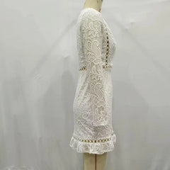 LIZAKOSHT - Sexy V neck Long Sleeve Short Robe Women Hollow Out Hole Spliced White Flower Lace Mini Dress