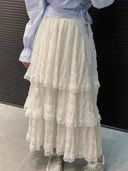 LIZAKOSHT - Spring Summer Wrinkled White Black Pleated Skirt Women Korean Vintage High Waisted Splice Lace Skirts Long falda plisada