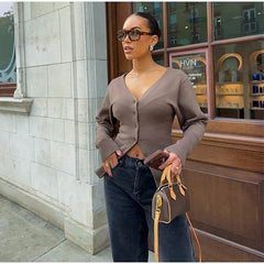 LIZAKOSHT - Elegant Women's Knitted Cardigan Slim V-neck Single Breasted Long Sleeve Sweater Autumn Winter Lady Vintage Solid Knitwear