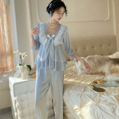 LIZAKOSHT - Women's Pajama Set Long Sleeve Lace Ruffles Summer Ladies Silk Like Sleepwear 2 Pcs with Pants Cute Pijama Suit for Female