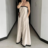 LIZAKOSHT - Temperament Color Blocked Backless Dress Elegant Strapless Sleeveless Dress Fashion Single Breasted Off Shoulder Vacation Dress