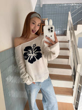 LIZAKOSHT - Flower Jacquard Sweater Woman Autumn Raw Hem Sexy Slash Neck Long Sleeve Pullover Female Vintage Sweet Preppy Style Jumpers Top