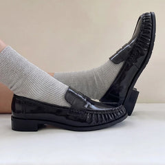 LIZAKOSHT - Genuine Leather Shoes Ruched Loafers Women Round Toe Slip On Low Heel Women Daily Office Vintage Shoes