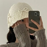 Lizakosht Ins Bow Decoration Cute Women's Hats Autumn and Winter Korean Version Casual Versatile Solid Color Warm Knitted Bucket Caps