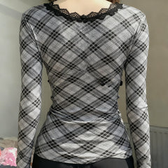 LIZAKOSHT - Y2K Lace Lace T Shirt Women Deep V Neck Plaid Long Sleeve Slim Fit Slimming Fashion Inner Top Pure Desire Sweet Style