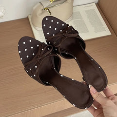 LIZAKOSHT - High Quality Silk Butterfly-kont Polka Dot Thin Heels Women Slippers Fashion Summer Party Dress Slide Shoes