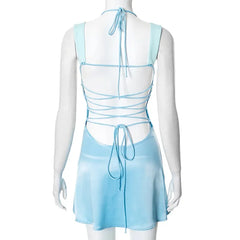 LIZAKOSHT  -  Summer Lace Up Halter Beach Vacation Mini Dress Outfits Women Bandage Backless Sleeveless Y2K Streetwear A Line Dresses Vestido