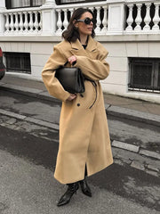 LIZAKOSHT - Retro Woman Solid Flip Collar Double Breasted Loose Overcoat Fashion Full Sleeves Casual Long Coat Female New Commuter Jacket