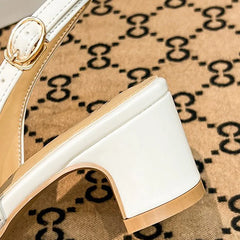 LIZAKOSHT - Women 6cm High Heels Elegant Prom Pumps Female Metal Buckle Strap Square Toe Thick High Heels Lady Sexy Outside Daily Sandals