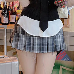LIZAKOSHT - Preppy Style Girly Miniskirt with Shorts Under Contrast Checkered Low Waist Pleated Skirt Korean Streetwear Outfits