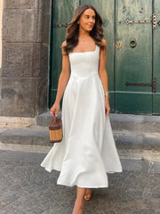 LIZAKOSHT - Woman Clothing Square Collar Sleeveless White Long Dress Ladies Fashion High Waist Backless A-line Party Dresses 2024 Streetwear