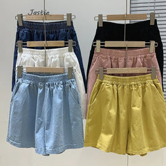 LIZAKOSHT - Casual Denim Shorts For Women's Summer 2024 New Cotton Elastic Waist Pocket Versatile Homewear Outwear Wide Leg Shorts