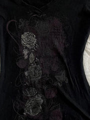 LIZAKOSHT - Y2k Aesthetic Flower Printing Women Grunge T-shirts Vintage Slim Harajuku Causal Black Tshirts 2024 Summer Bottoming Crop Tops