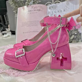 LIZAKOSHT - Autumn New Women Pink Sweet Platform Square Heel Pumps Lady Leather Mary Janes Party Shoes Lolita Cosplay Shoes