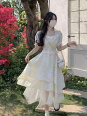 LIZAKOSHT  -  Puff Sleeve Korean Fashion Dress Women Lace France Style Vintage Midi Dress Female White Bandage Princess Retro Sweet Dress