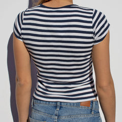 LIZAKOSHT - Fashion Baby Tee Women's Summer Casual Striped Tops Short Sleeve Round Neck Short Slim Fit T-shirt Daily Streetwear