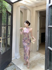 LIZAKOSHT - Purple Cheongsam Dress Women's Summer Chinese Style Off Shoulder Drip Collar Hot Stamping Flower Dress Fashion Female Clothes