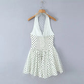 LIZAKOSHT - Sexy Polka Dot Print Spliced Mesh Bow Halter Dress Women Backless Slim Low Waist Swing Ball Gown Short Sling Dresses Vestidos